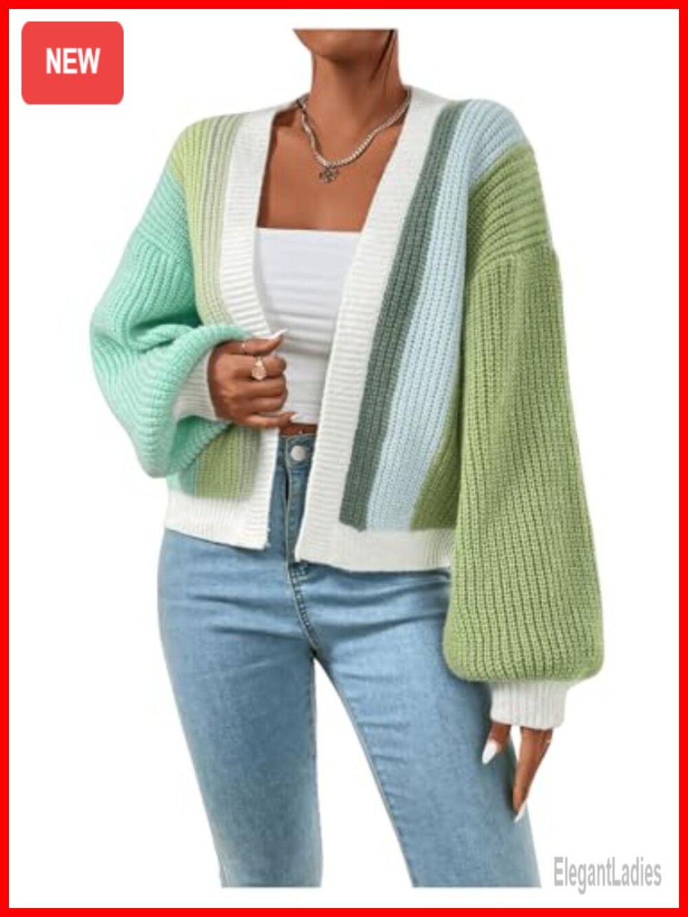 Color Block Open Front Ribbed Knit Cropped Cardigan Sweater - Picture 2 of 6